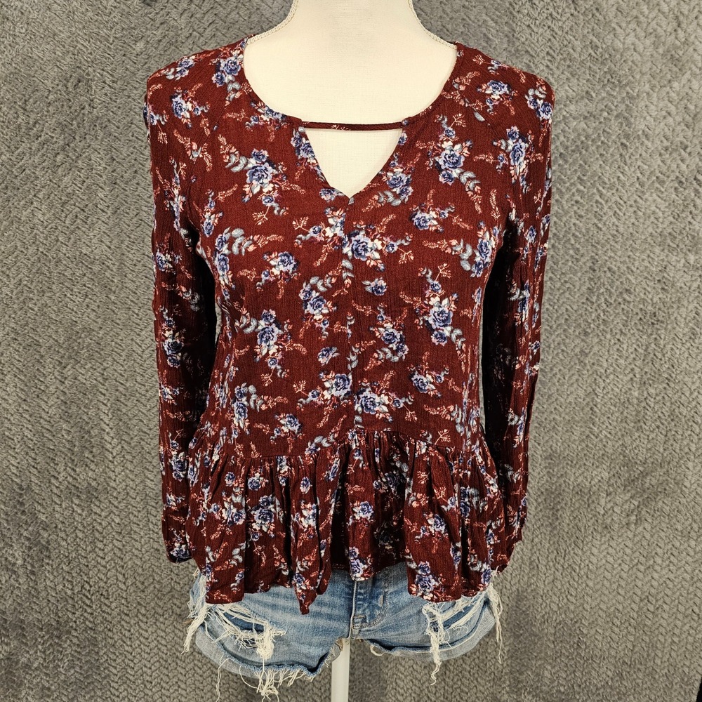 American Eagle Burgundy Floral Peplum‎ Blouse Long Sleeve V-Neck Strap Small